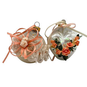 Decorative Ornaments Peach Glam Ribbon Lacy Frosted Ball Heart Roses Clear Glass